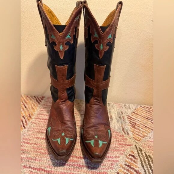 Old Gringo Brown and Black Cowboy Boots with Cross Design - Picture 3 of 7